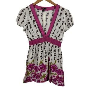 Women Top M Pink Brown Floral Babydoll 100% Cotton Y2K Smocked Waist Spring